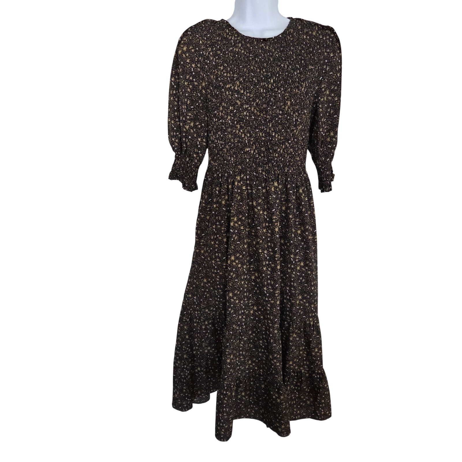 Baltic Born Smocked Midi Dress Brown Floral Tiered Skirt 3/4 Puff Sleeve Small